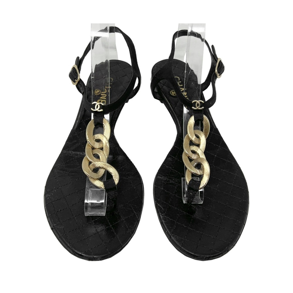 Chanel Black Quilted Leather Chain Thong Sandals Gold CC Size‎ 38